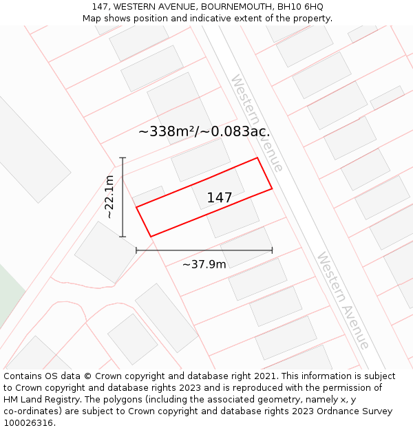 147, WESTERN AVENUE, BOURNEMOUTH, BH10 6HQ: Plot and title map