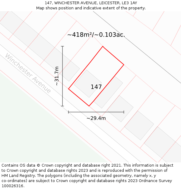 147, WINCHESTER AVENUE, LEICESTER, LE3 1AY: Plot and title map