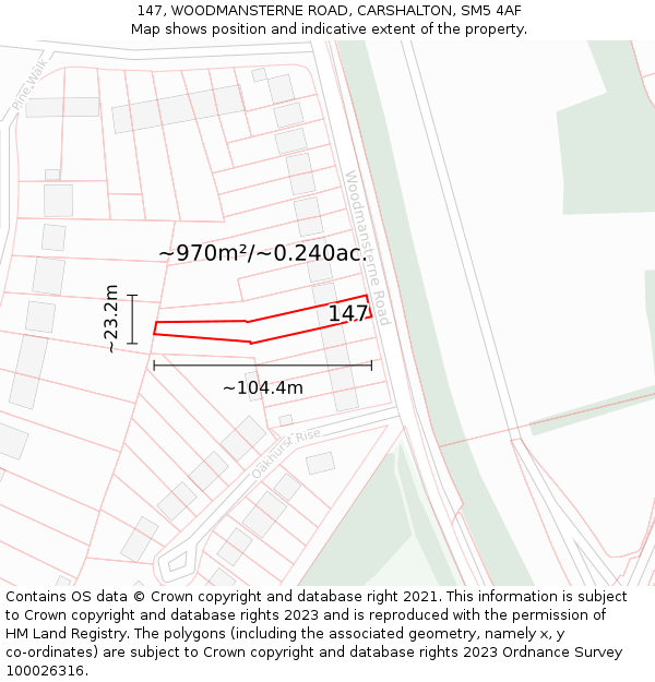 147, WOODMANSTERNE ROAD, CARSHALTON, SM5 4AF: Plot and title map