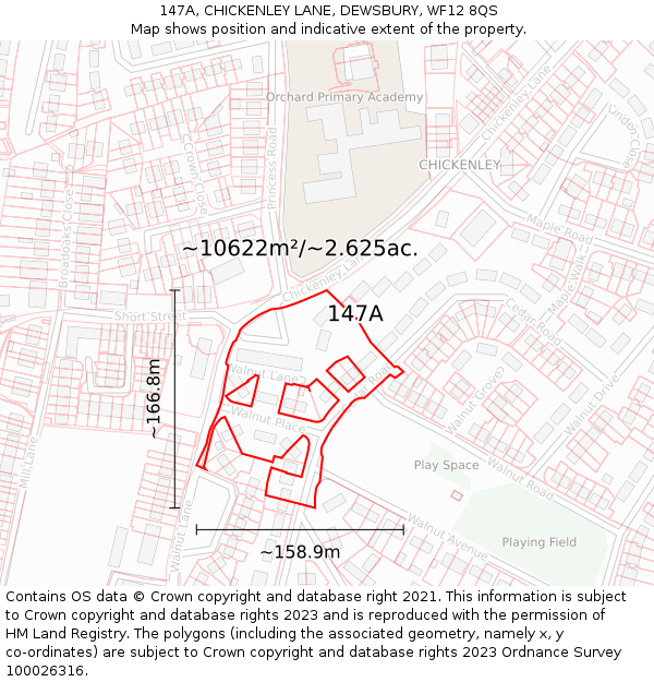 147A, CHICKENLEY LANE, DEWSBURY, WF12 8QS: Plot and title map