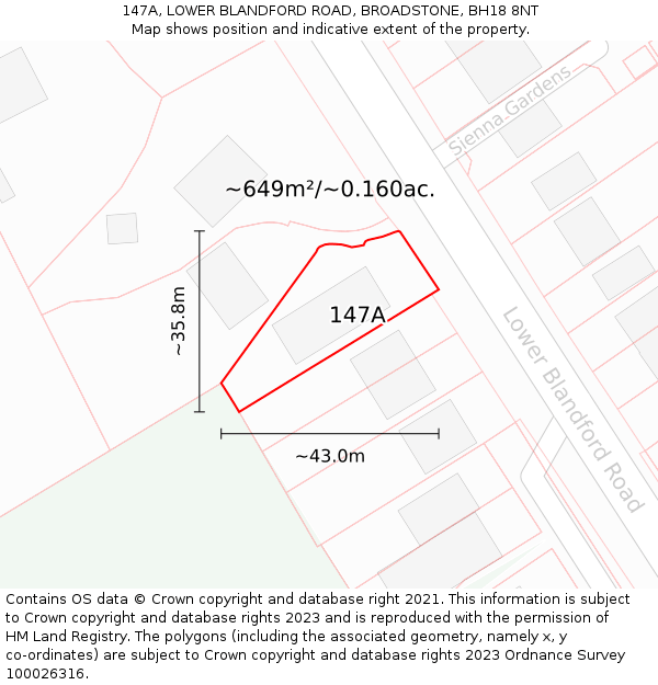 147A, LOWER BLANDFORD ROAD, BROADSTONE, BH18 8NT: Plot and title map