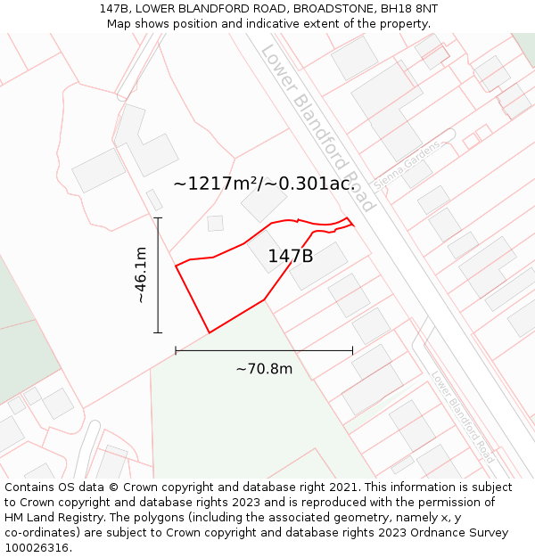 147B, LOWER BLANDFORD ROAD, BROADSTONE, BH18 8NT: Plot and title map