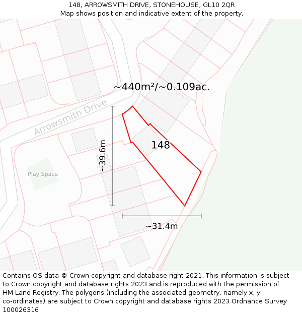 148, ARROWSMITH DRIVE, STONEHOUSE, GL10 2QR: Plot and title map