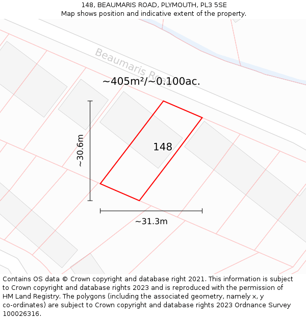 148, BEAUMARIS ROAD, PLYMOUTH, PL3 5SE: Plot and title map