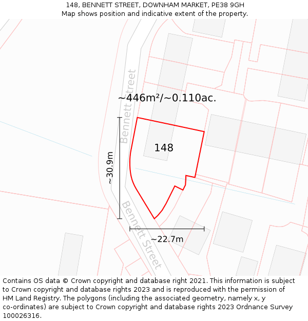 148, BENNETT STREET, DOWNHAM MARKET, PE38 9GH: Plot and title map