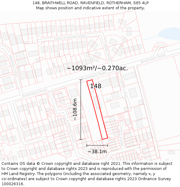 148, BRAITHWELL ROAD, RAVENFIELD, ROTHERHAM, S65 4LP: Plot and title map