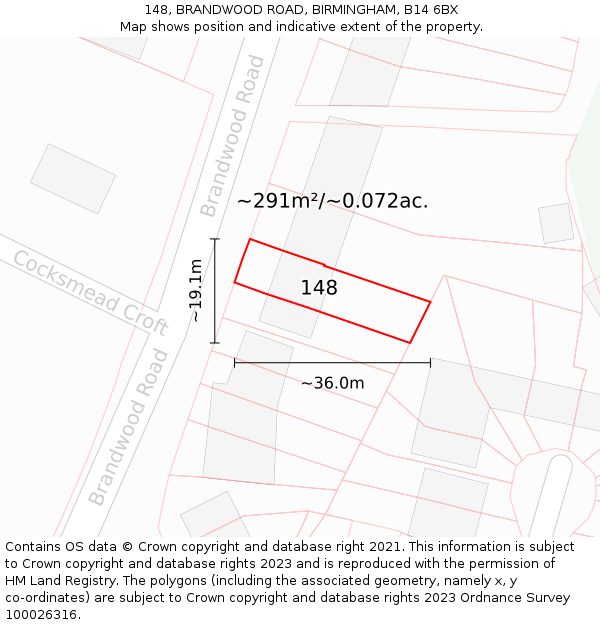 148, BRANDWOOD ROAD, BIRMINGHAM, B14 6BX: Plot and title map