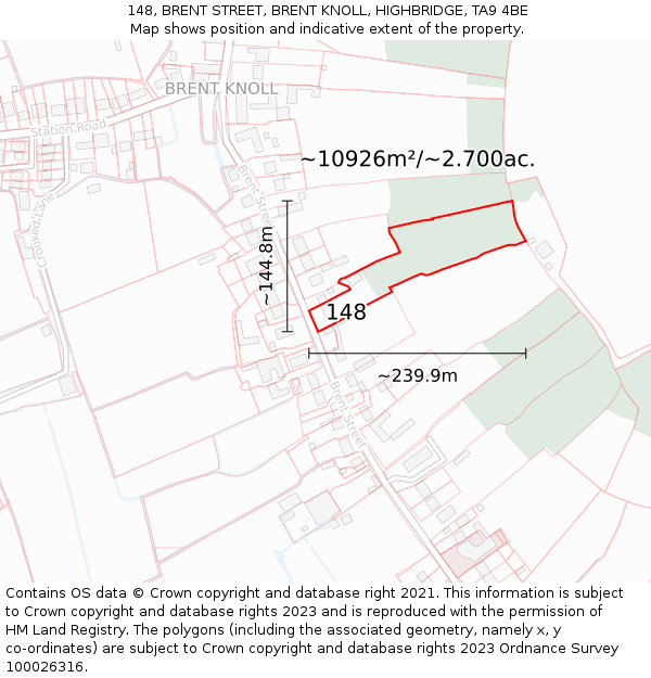 148, BRENT STREET, BRENT KNOLL, HIGHBRIDGE, TA9 4BE: Plot and title map