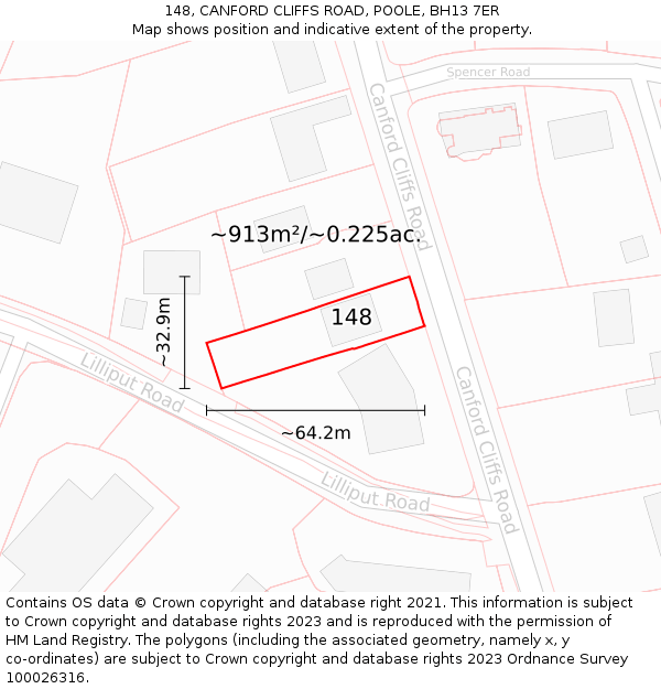 148, CANFORD CLIFFS ROAD, POOLE, BH13 7ER: Plot and title map