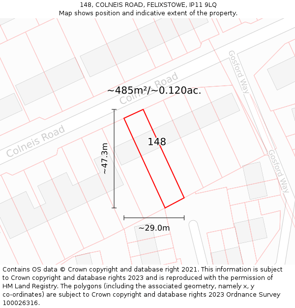 148, COLNEIS ROAD, FELIXSTOWE, IP11 9LQ: Plot and title map