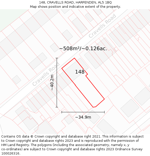 148, CRAVELLS ROAD, HARPENDEN, AL5 1BQ: Plot and title map