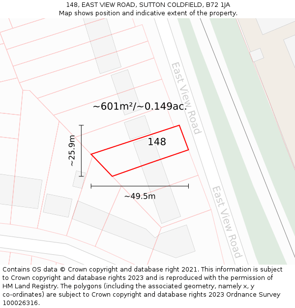 148, EAST VIEW ROAD, SUTTON COLDFIELD, B72 1JA: Plot and title map