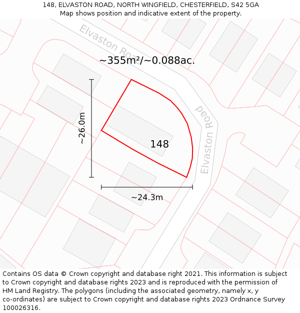 148, ELVASTON ROAD, NORTH WINGFIELD, CHESTERFIELD, S42 5GA: Plot and title map