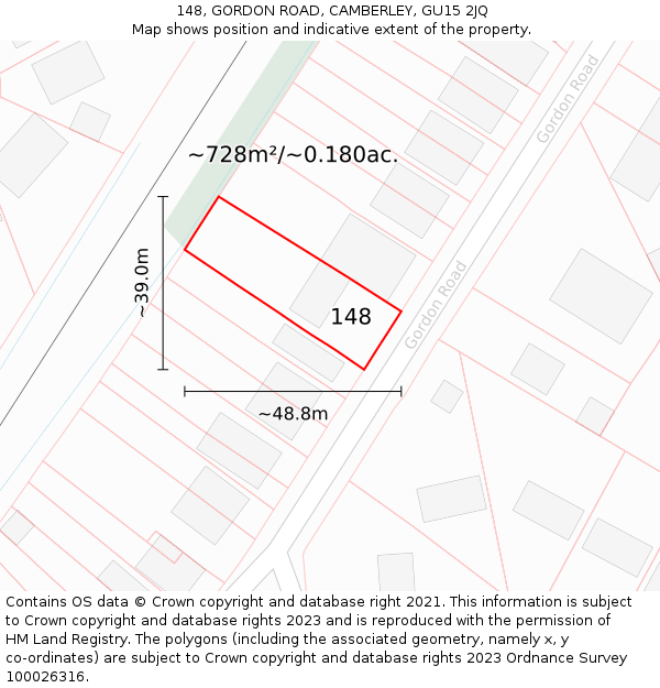 148, GORDON ROAD, CAMBERLEY, GU15 2JQ: Plot and title map