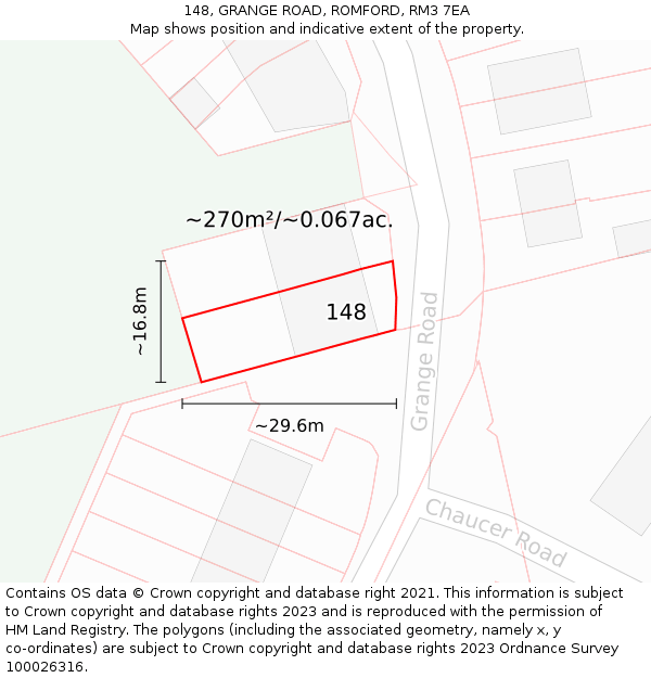 148, GRANGE ROAD, ROMFORD, RM3 7EA: Plot and title map
