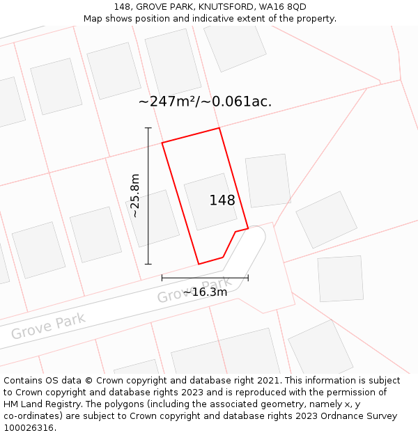 148, GROVE PARK, KNUTSFORD, WA16 8QD: Plot and title map