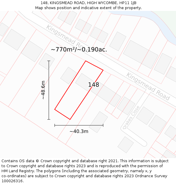 148, KINGSMEAD ROAD, HIGH WYCOMBE, HP11 1JB: Plot and title map