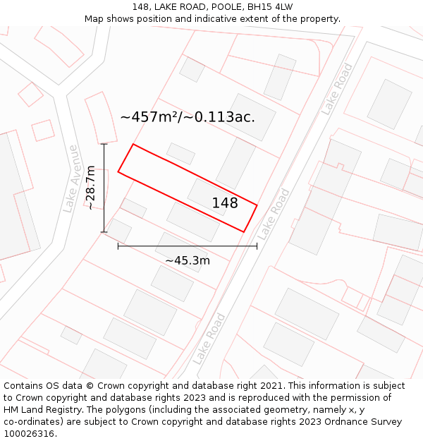 148, LAKE ROAD, POOLE, BH15 4LW: Plot and title map
