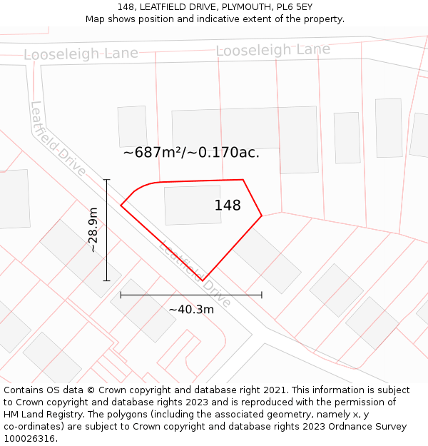 148, LEATFIELD DRIVE, PLYMOUTH, PL6 5EY: Plot and title map