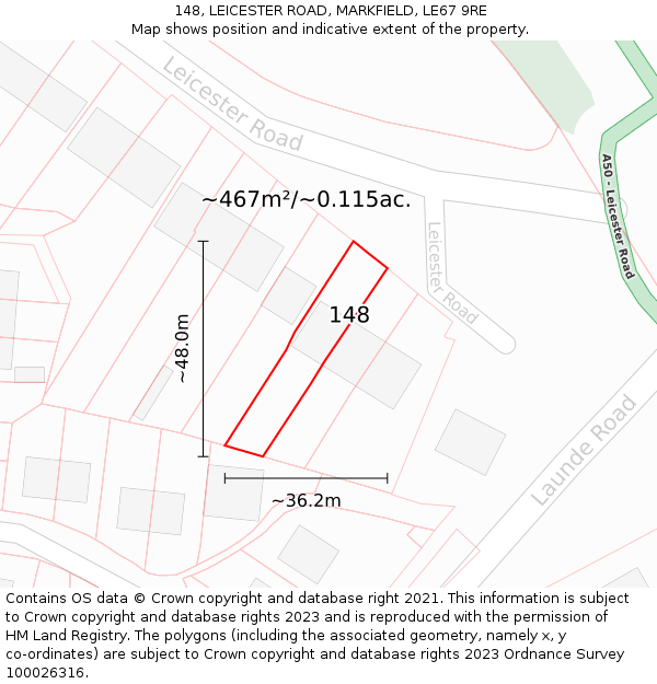 148, LEICESTER ROAD, MARKFIELD, LE67 9RE: Plot and title map