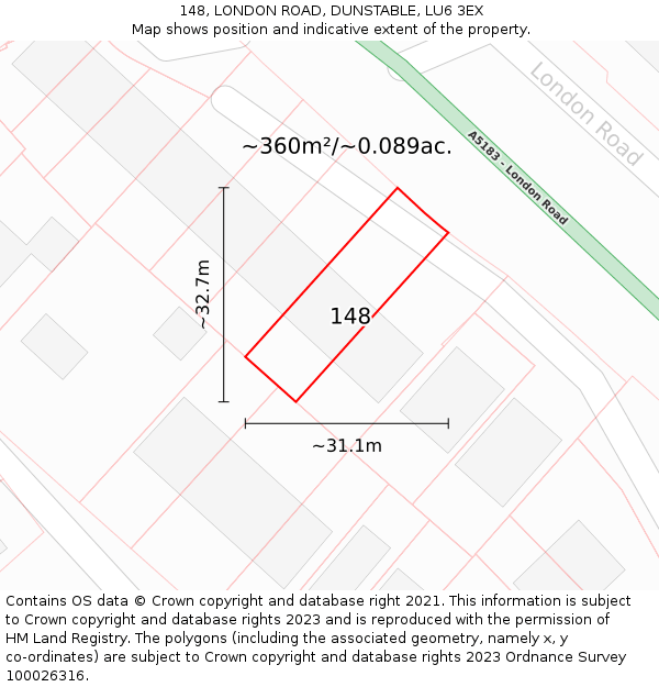 148, LONDON ROAD, DUNSTABLE, LU6 3EX: Plot and title map