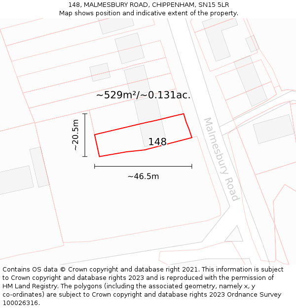 148, MALMESBURY ROAD, CHIPPENHAM, SN15 5LR: Plot and title map