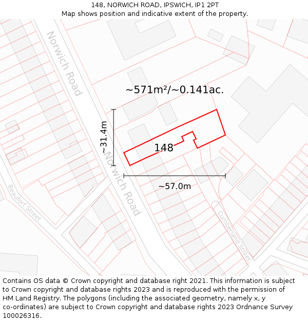 148, NORWICH ROAD, IPSWICH, IP1 2PT: Plot and title map