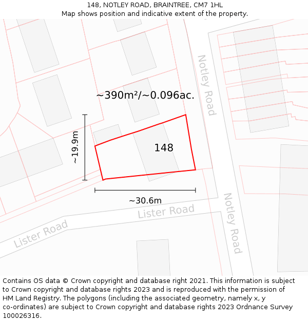 148, NOTLEY ROAD, BRAINTREE, CM7 1HL: Plot and title map