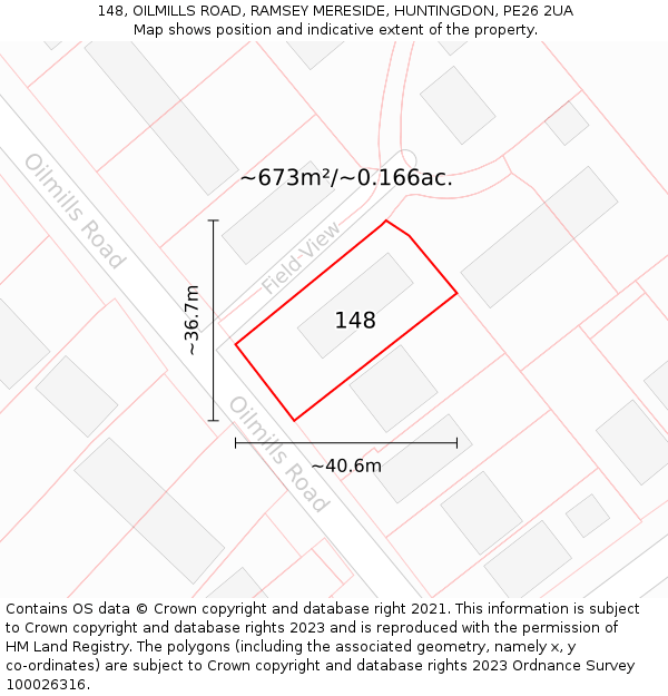 148, OILMILLS ROAD, RAMSEY MERESIDE, HUNTINGDON, PE26 2UA: Plot and title map