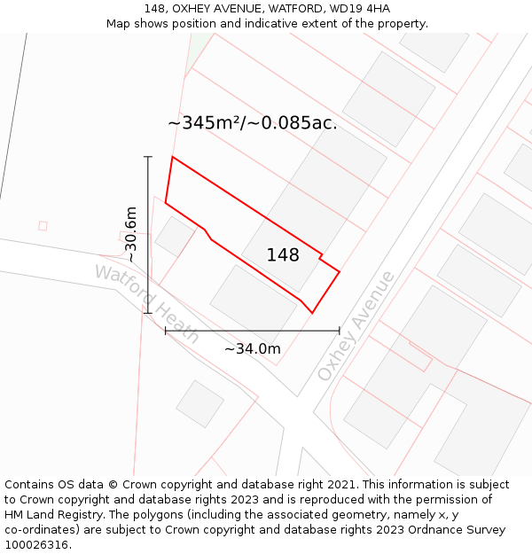 148, OXHEY AVENUE, WATFORD, WD19 4HA: Plot and title map