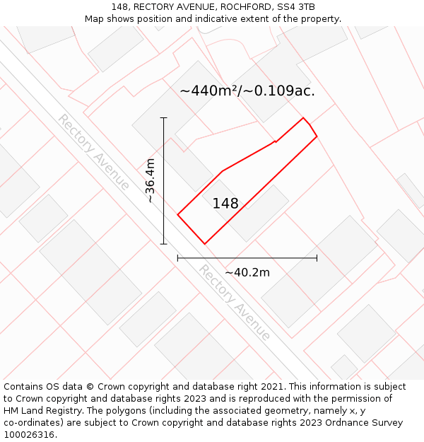 148, RECTORY AVENUE, ROCHFORD, SS4 3TB: Plot and title map