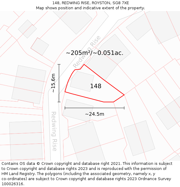 148, REDWING RISE, ROYSTON, SG8 7XE: Plot and title map