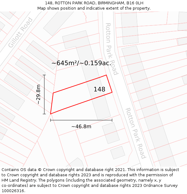 148, ROTTON PARK ROAD, BIRMINGHAM, B16 0LH: Plot and title map