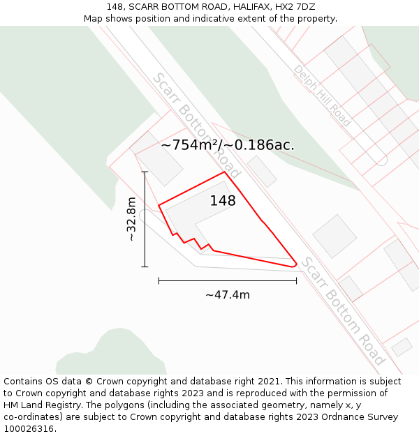 148, SCARR BOTTOM ROAD, HALIFAX, HX2 7DZ: Plot and title map