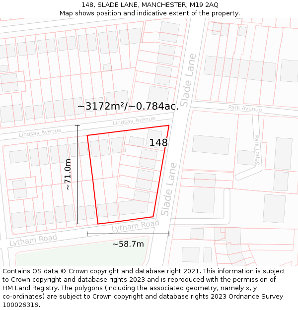 148, SLADE LANE, MANCHESTER, M19 2AQ: Plot and title map