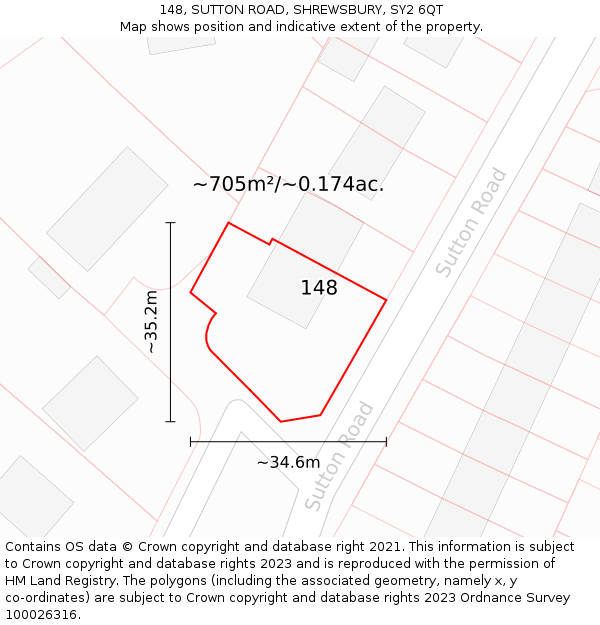 148, SUTTON ROAD, SHREWSBURY, SY2 6QT: Plot and title map