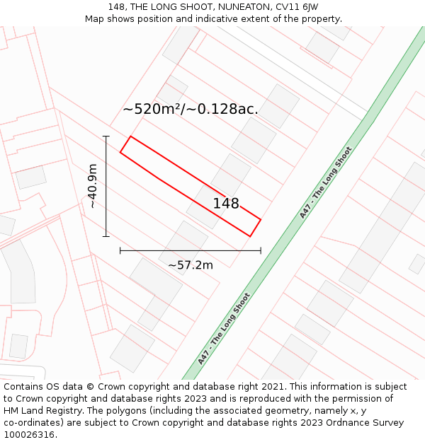 148, THE LONG SHOOT, NUNEATON, CV11 6JW: Plot and title map