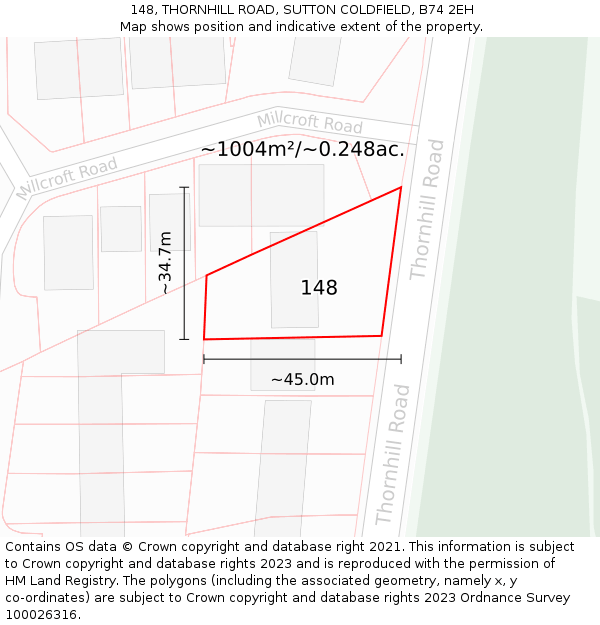 148, THORNHILL ROAD, SUTTON COLDFIELD, B74 2EH: Plot and title map