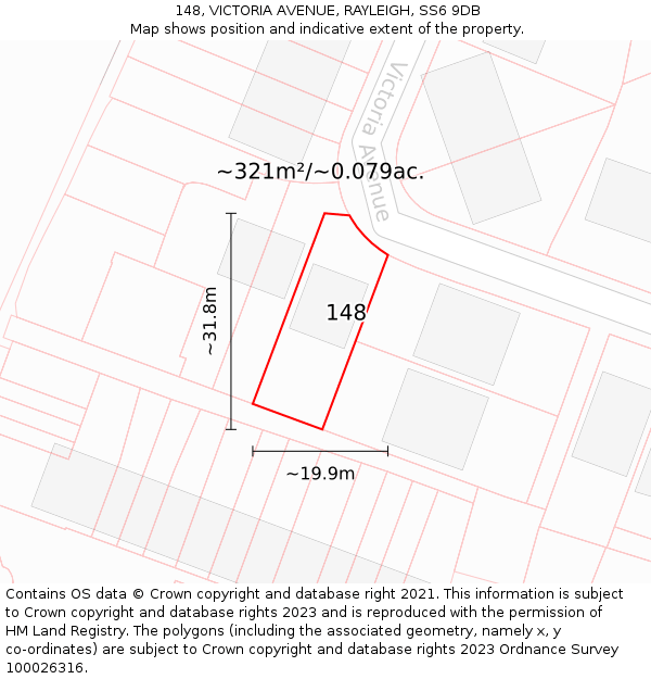 148, VICTORIA AVENUE, RAYLEIGH, SS6 9DB: Plot and title map