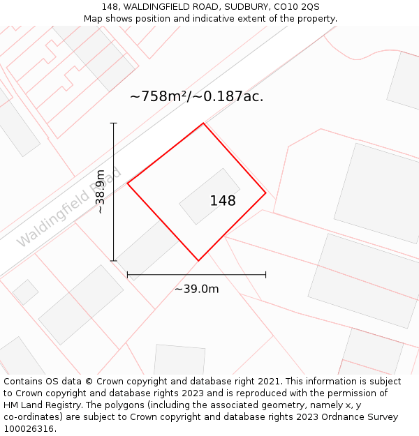 148, WALDINGFIELD ROAD, SUDBURY, CO10 2QS: Plot and title map