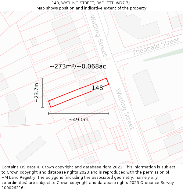 148, WATLING STREET, RADLETT, WD7 7JH: Plot and title map