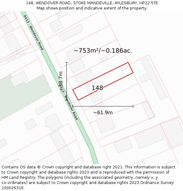 148, WENDOVER ROAD, STOKE MANDEVILLE, AYLESBURY, HP22 5TE: Plot and title map