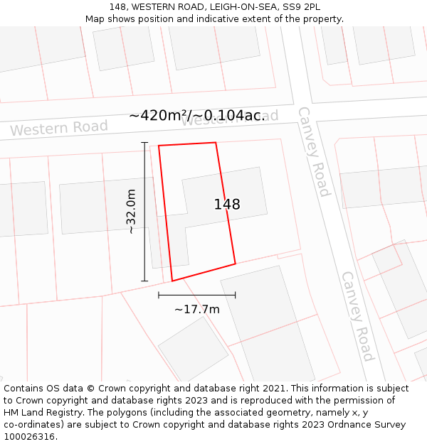 148, WESTERN ROAD, LEIGH-ON-SEA, SS9 2PL: Plot and title map