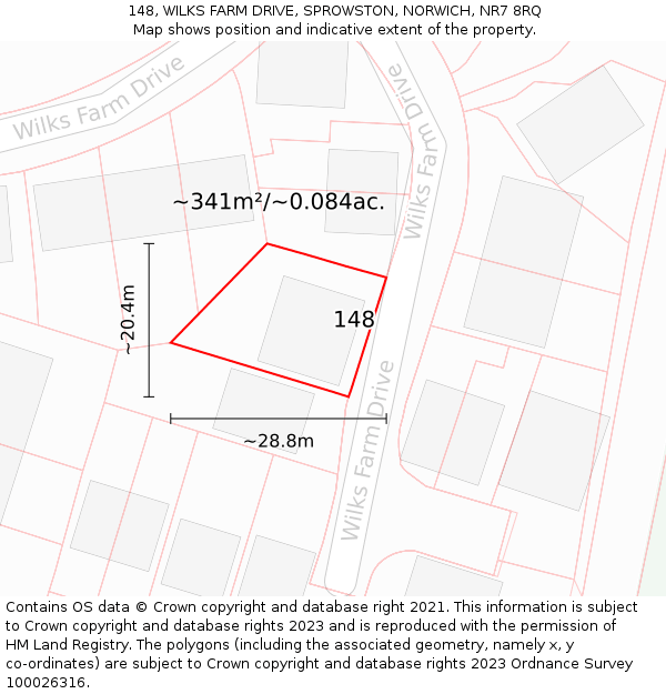 148, WILKS FARM DRIVE, SPROWSTON, NORWICH, NR7 8RQ: Plot and title map