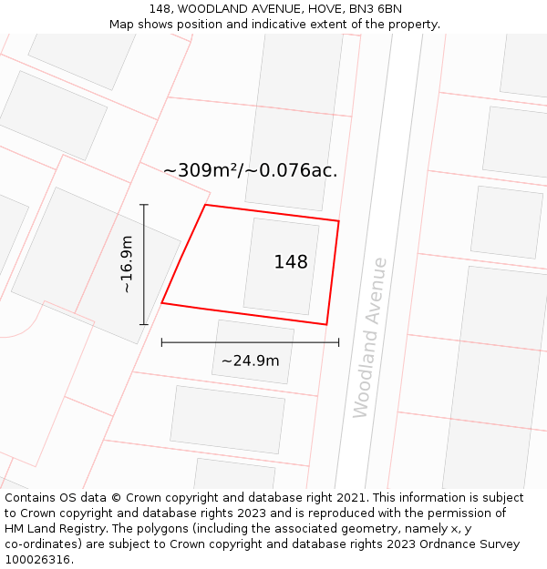 148, WOODLAND AVENUE, HOVE, BN3 6BN: Plot and title map