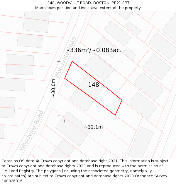 148, WOODVILLE ROAD, BOSTON, PE21 8BT: Plot and title map