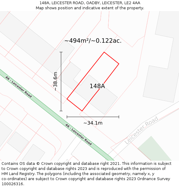 148A, LEICESTER ROAD, OADBY, LEICESTER, LE2 4AA: Plot and title map