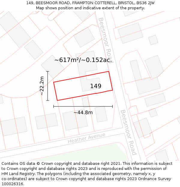 149, BEESMOOR ROAD, FRAMPTON COTTERELL, BRISTOL, BS36 2JW: Plot and title map