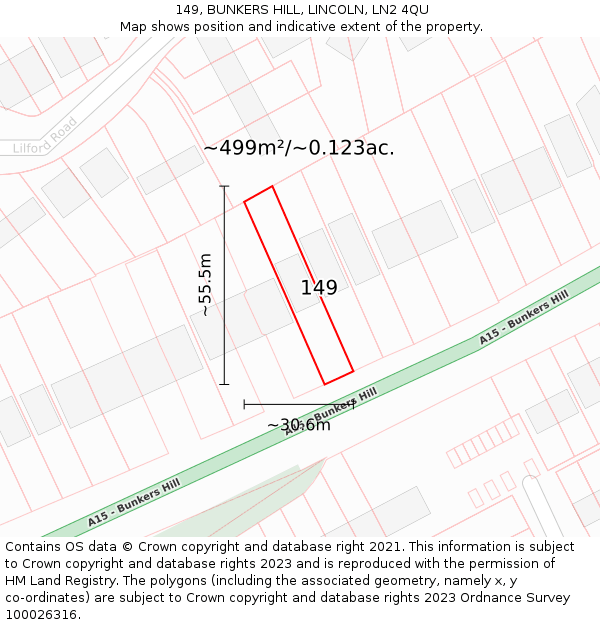 149, BUNKERS HILL, LINCOLN, LN2 4QU: Plot and title map