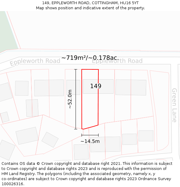149, EPPLEWORTH ROAD, COTTINGHAM, HU16 5YT: Plot and title map